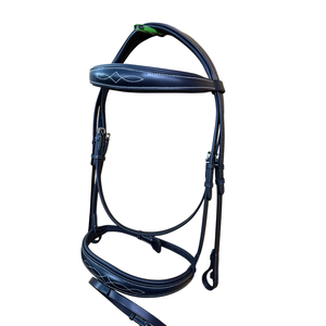 Brida de cuero negro para caballo con ceñilla acolchada y cabezada con costuras decorativas, equipo ecuestre para equitación - Product Image 1