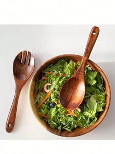 Ensemble de cuillères et fourchettes à salade rustiques en bois artisanal, écologiques, ustensiles en bois naturel pour servir la salade - Product Image 4