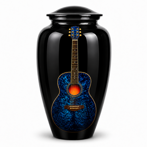 Autocollant commémoratif de luxe bleu et noir avec violon et guitare, urne funéraire en émail pour cendres humaines - Product Image 2