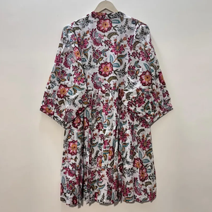 เดรสสั้นทรงทูนิค คอวี แขนสามส่วน แต่งระบายลูกไม้ ผ้าฝ้ายทำมือ พิมพ์ลายดอกไม้ด้วยเทคนิคบล็อกพิมพ์  เป็นมิตรต่อสิ่งแวดล้อม ซักได้  แบบเป็นทางการ - Product Image 4