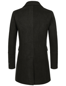 <b>Men's</b> <b>Black</b> Double Breasted Wool Overcoat Slim Fit Notched Lapel <b>Long</b> <b>Coat</b> - Product Image 2