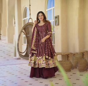 Anarkali Rojo de Georgette para Mujer con Dupatta Estampada Colorida, Estilo Tradicional Holgado hasta el Tobillo, Ropa Casual Estilo India Pakistán - Product Image 1