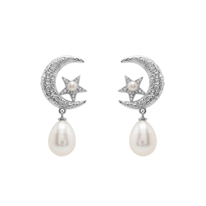 Pendientes con diseño de luna y estrella hechos de plata de ley 925, pendientes de diseño con piedras preciosas de perlas naturales de forma ovalada y redonda, joyería fina - Product Image 1
