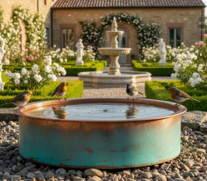 Bain d'oiseaux classique en métal pour jardin, patio, design élégant, base robuste, attirant les oiseaux, avec bassin de rétention d'eau. - Product Image 1