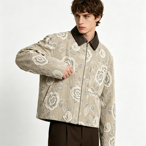 Men's Floral Embroidered Shirt <b>Jacket</b> With Leather Collar Regular Fit <b>Smart</b> Casual Autumn Style Linen Cotton Blend - Product Image 4