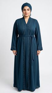 Elegante Abaya Marrón con Cuentas, Cuello en V, Manga Larga, Vestido Maxi Modesto para Mujer, Talla Grande, Estilo de Medio Oriente, Algodón, Corte Holgado - Product Image 5