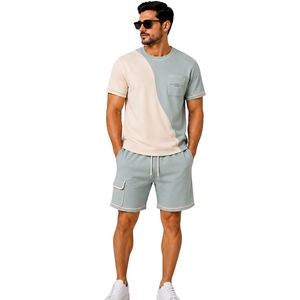 Sage Green And Beige Mens <b>T</b> <b>Shirt</b> Shorts Set Crew Neck Short Sleeve Pocket Top Cargo Drawstring Shorts Casual Sportswear Summer - Product Image 1