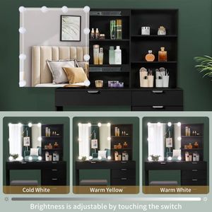Modern Design <b>Dressing</b> Table Set 6-Pump Triamine Veneer 2-Shelf Mirror Cabinet with 3-Tone Light Bulbs Black for Bedroom - Product Image 3