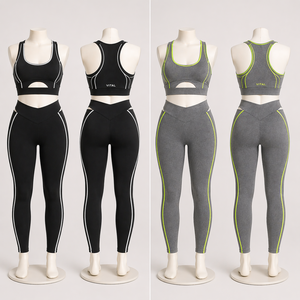 Women's <b>Black</b> Stripe Cut-Out Sports Bra <b>Leggings</b> Set High Waist Activewear Yoga Gym Workout Clothing Custom OEM - Product Image 4