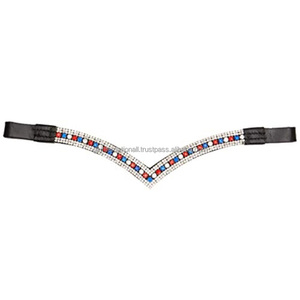 Bandeau de tête pour cheval en cuir de selle noir et brun havana de qualité supérieure avec de minuscules cristaux colorés, bandeau de tête ultra brillant - Product Image 6