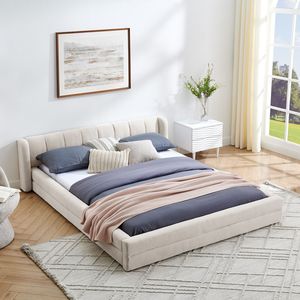 Letto matrimoniale imbottito con testiera in tessuto ciniglia spesso e piattaforma in legno massello - Product Image 1