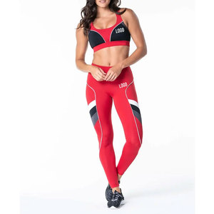 Red Color Blocking Yoga Set Racerback Sports Bra High Waist Full Length Leggings Two Piece Spandex Polyester Activewear - Product Image 1