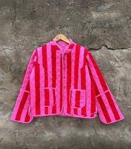 Pink Strip Print Cotton Quilted Women Jackets Winter Coat Reversible Jacket - Product Image 5