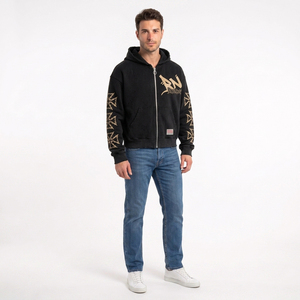 Sudadera con capucha negra con cremallera para hombre, estampado Chucky, corte regular oversize, estilo urbano, de algodón y felpa, para otoño, 2 piezas - Product Image 4