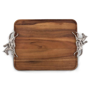 Bandeja ovalada de madera natural de alta calidad con elegantes asas de metal plateado con detalles de toro para uso en el hogar, hoteles y restaurantes. - Product Image 6