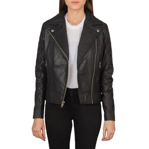 Chaqueta de Motociclista de Cuero Negra para Mujer, Cuello Alto, Cierre de Cremallera, Manga Larga - Product Image 3