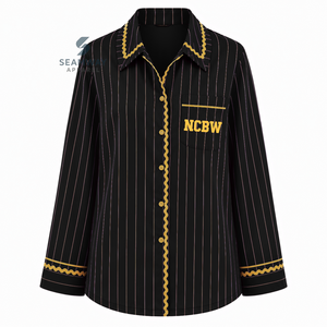 NCBW Sorority Women's Striped Pajama Set Button Front Long Sleeve Sleepwear Contrast Trim Lounge <b>PJs</b> With Drawstring Pants - Product Image 2