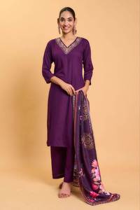 Ensemble Kurti et Palazzo en Rayonne pour Femme, Manches Trois Quarts, Doublure en Coton, Col en V, Dupatta à Imprimé Placé, Tailles S-3XL - Product Image 4