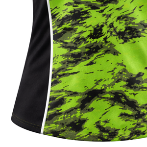 Maillot de softball sans manches à sublimation intégrale, design éclaboussures vert néon et noir, uniforme d'équipe personnalisé avec numéro au dos - Product Image 4