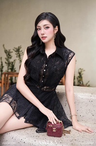 Women's <b>Black</b> <b>Sheer</b> Floral Lace Sleeveless <b>Shirt</b> Pointed Satin Collar Button Down Long Blouse Sexy Chic Summer Top SONYA - Product Image 5