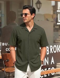 Camisa de Hombre Sol Textured con Botones, Manga Corta, Estilo Cubano, Ligera, Transpirable, Casual para Playa, Edición 2026 - Product Image 3