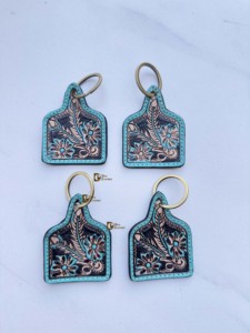 Fashionable 2026 Hand Tooled Leather Key <b>Chain</b> Turquoise Colour Rectangular Shape Embossing Printing Key Earrings Lightweight - Product Image 1