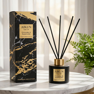 Aikun 100ml Copaiba And Samphire Reed <b>Diffuser</b> Set With Black Matte Glass Bottle Metal Nickel Label And Black Gold Marble Box - Product Image 1