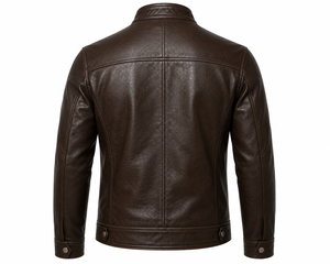 Veste de motard en cuir véritable marron pour homme, col montant, fermeture éclair, coupe classique, pour l'automne - Product Image 4