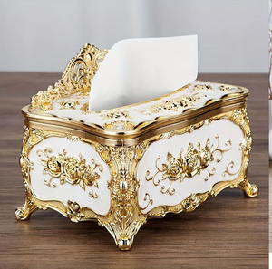 Boîte à mouchoirs en métal finition marbre beige avec coins ornés de cristaux dorés, disponible à prix de gros pour une touche sophistiquée dans votre intérieur. - Product Image 6