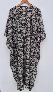 Ethnic Women's Floral Block Print <b>Black</b> <b>Kaftan</b> Dress Loose Fit 100% Cotton Summer beach wear Holiday Long dress - Product Image 5