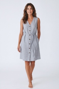 Cotton V-Neck Sleeveless <b>Knee</b>-<b>Length</b> Casual <b>Dress</b> With Button Front And Tie Waist Loose Fit <b>Summer</b> Daily Wear - Product Image 1