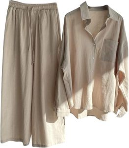 Ensemble en coton et lin pour femmes, mode été, haut en lin surdimensionné, ensemble en lin deux pièces de haute qualité pour femmes - Product Image 1