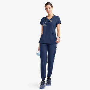 Ensemble de blouses médicales unisexe bleu à col en V, manches courtes, couleur unie, en tissu polyester tissé, avec poches, uniformes d'hôpital, détection d'aiguilles, sans coutures - Product Image 4