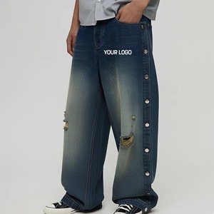 Jeans de Mezclilla Anchos de Algodón de Alta Calidad, Estilo Vintage, Personalizados, Hip Hop, Streetwear, con Botones, para Hombre, Lavado Claro - Product Image 1