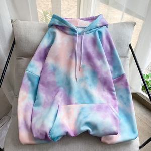 Femmes décontracté à manches longues pull à capuche hauts 100% coton cravate colorant imprimé sweat avant Logo lâche cordon poche pour - Product Image 2