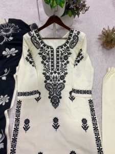 Conjunto de diseñador con top de rayón slub con bordado, pantalón con bordado y dupatta de rayón slub, completamente cosido y listo para usar. - Product Image 5