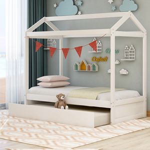 Letto per bambini bianco vecchio stile SKUSM000103AAK con letto estraibile decorabile - Product Image 2