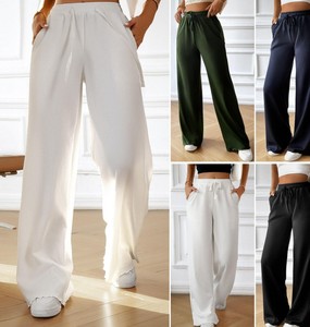 Pantalon droit décontracté en toile pour femme, taille élastique, couleur unie, style automne, avec lacets et poches - Product Image 2