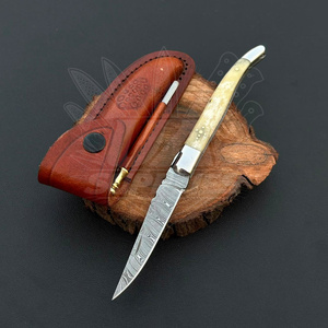 Traditional Laguiole Style Pocket Folding Knife Hand Forged Damascus Steel Blade Camel Bone Handle Industrial Grade Hunting OEM - Product Image 1