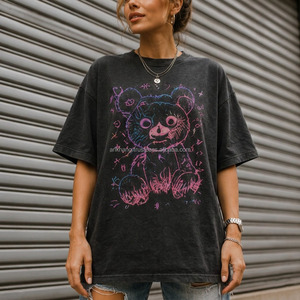 Women's Oversized Crew Neck T-<b>Shirt</b> With Hand Drawn <b>Cartoon</b> Bear Print Loose Fit Short Sleeve 100% Cotton Jersey Fabric - Product Image 1