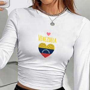 Camiseta de Manga Larga de Punto Y2K para Mujer con Estampado de Corazón de la Bandera de Venezuela, Cuello Redondo, Ajuste Regular, Spandex, Poliéster, para Todas las Temporadas - Product Image 5