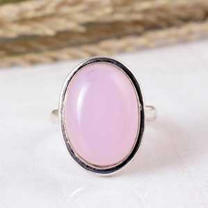 Minimalist Boho & Hippie Oval Bezel Setting Rose <b>Quartz</b> Pink Solid 925 Silver Dainty Adjustable Unisex Wedding <b>Ring</b> - Product Image 1