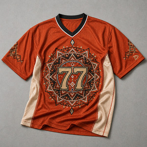 เสื้อกีฬาผู้ชายผ้าตาข่ายระบายอากาศได้ดี สไตล์ Y2K ย้อนยุค สตรีทแวร์ สีส้มสนิม ลายกราฟิกมันดาลา ทรงโอเวอร์ไซส์ - Product Image 2