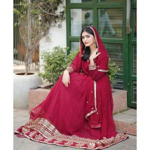 DISEÑADOR GEORGETTE BORDADO BOREDR BATA DE TRABAJO FONDO CON DUPATTA ROJO - Product Image 6