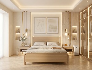Modern Solid Wood Platform <b>Bed</b> <b>Frame</b> <b>Queen</b>/King <b>Size</b> Lighted Headboard USB-C Charging Ports Eco-Friendly Natural Wood Color - Product Image 1