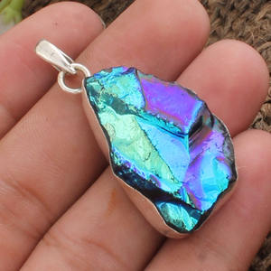 Collier en argent sterling 925 plaqué platine avec pendentif vintage bleu soleil, labradorite arc-en-ciel, fait main, cristal de guérison - Product Image 2