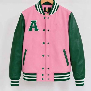 Premium AKA Wool Eco-Friendly Breathable Varsity <b>Jacket</b> <b>Pink</b> Green Sorority Embroidered Crest Logo Front <b>Waterproof</b> Women's - Product Image 5