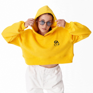 Sudadera con capucha para mujer GYM ACTIVE, amarilla, de manga larga, color sólido, informal, de forro polar, con logo frontal, estilo crop top. - Product Image 2