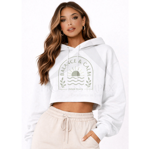 Sweat-shirt court blanc pour femme avec imprimé Balance & Calm, en coton décontracté, avec logo sur le devant, idéal pour le printemps - Product Image 1