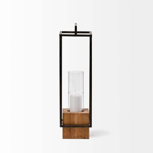 Lanterne industrielle moderne avec un cadre ouvert en métal noir haut et élégant, une base en bois chaud et un verre transparent. - Product Image 4